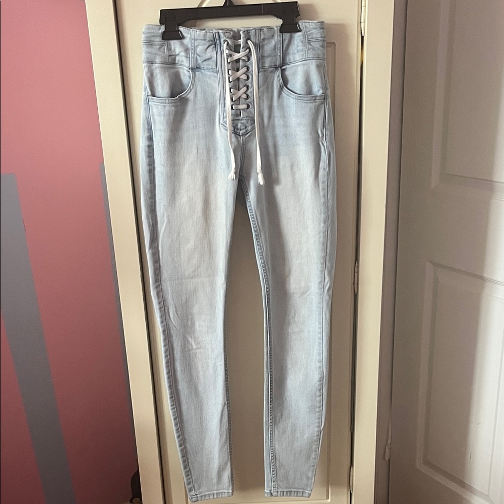 Free People Light Blue High Rise Lace-Up Jeans